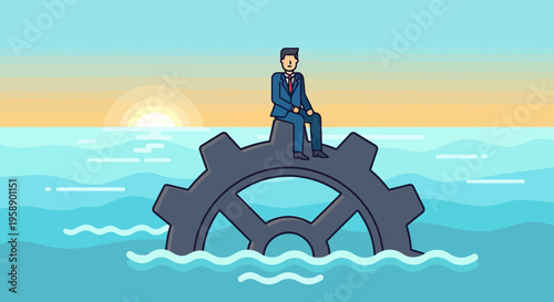 Businessman Sits On Giant Gear Floating On The Ocean At Sunset
