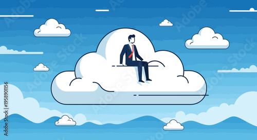 Businessman Sitting On A Cloud Contemplating Future Opportunities