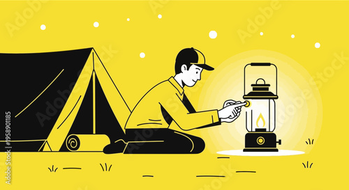 Camping Night Scene With Glowing Lantern And Person Setting Up Tent