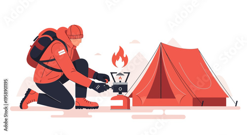 Camping Scene With A Person Preparing Food On A Stove Next To A Tent