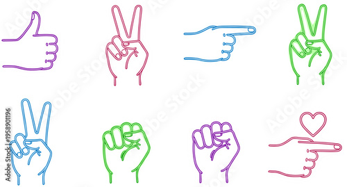 Neon Hand Gesture Icon Set Featuring Peace Sign, Pointing Finger, Thumbs Up, Fist and Love Symbol in Glow Style Design