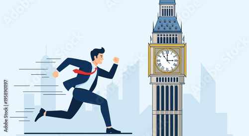 Businessman Sprinting Toward Big Ben Clock Tower Urgent Deadline Concept