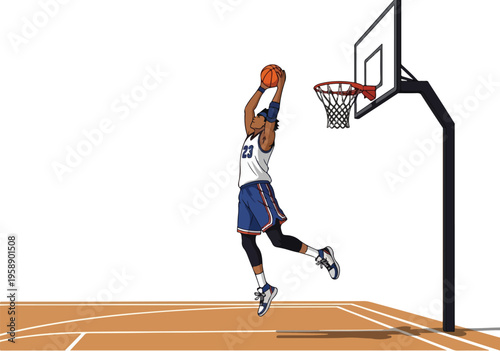 Basketball player in mid-air performing a slam dunk into the hoop on a court