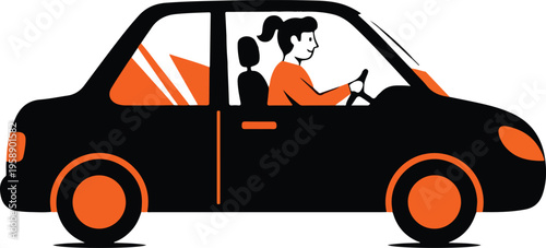 Woman driving a car on a road, female driver in a vehicle, transportation concept, journey illustration