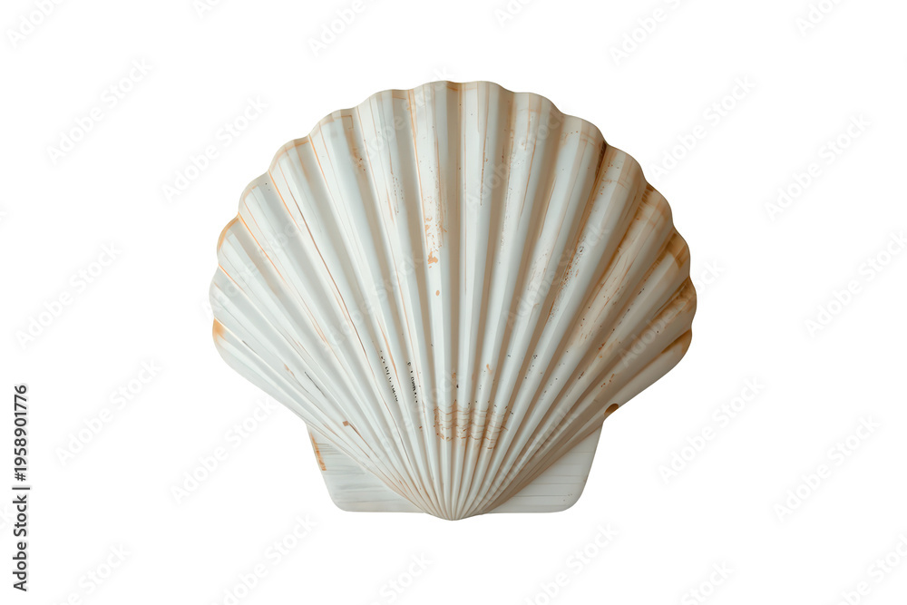 Fototapeta premium Scallop shell displaying its characteristic fan shape and ribbed surface, a natural oceanic souvenir