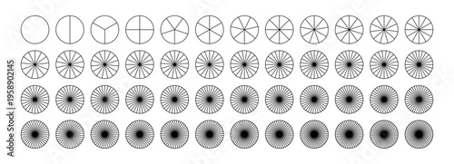 Pie or pizza chart template. Coaching blank. Parts of diagram wheel from 1 to 48. Segmented charts. Sectors divide the circle on equal parts. Outline black graphics. Pie charts, pizza charts collectio