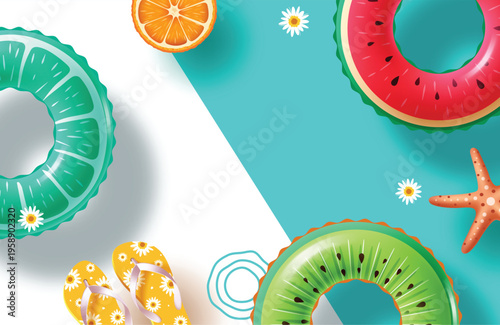 Summer Background with Fruit Inflatable Rings Watermelon Kiwi Lime Flip Flops and Starfish Vector