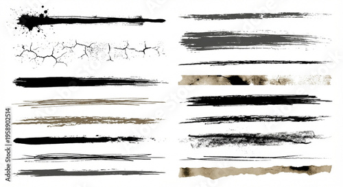 Diverse Collection of Hand-Drawn Grunge Brush Strokes, Textured Paint Swipes, and Artistic Ink Smears for Creative Design Projects and Graphic Overlays