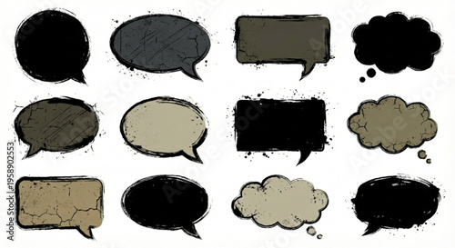 Grunge textured speech and thought bubbles vector collection, ideal for distressed communication graphics and dialogue elements in various designs