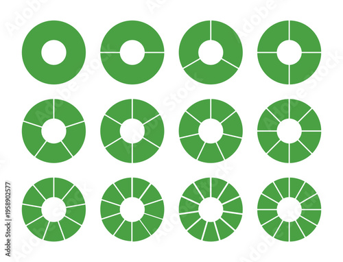 Green circle division from 1 to 12 equal parts. Wheel round divided diagrams from one to twelve segments. Coaching blank. Infographic set.