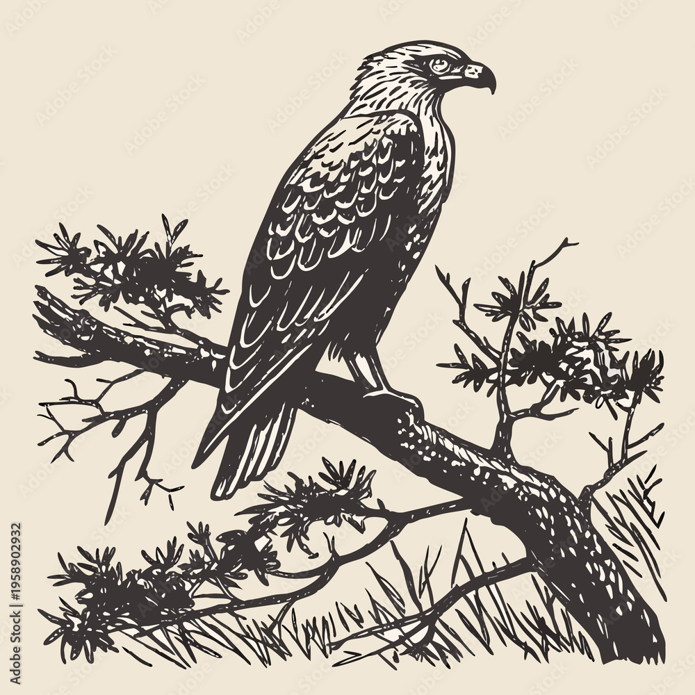 Fototapeta premium A majestic raptor with sharp beak and powerful wings perched on a wild tree branch in nature, showcasing its brown feathers as a predator in the wildlife fauna
