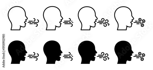 Respiratory icon set with human head silhouettes and airflow signs. Pictograms of breathing, coughing, sighing, exhaling, smell and air quality concepts. Health and respiratory problem symbols. 