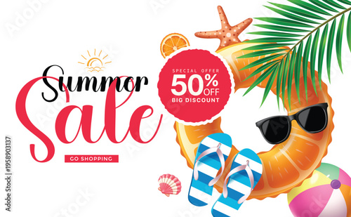 Summer Sale Promotional Banner with 50% Discount Label 3D Inflatable Ring and Beach Accessories Vector