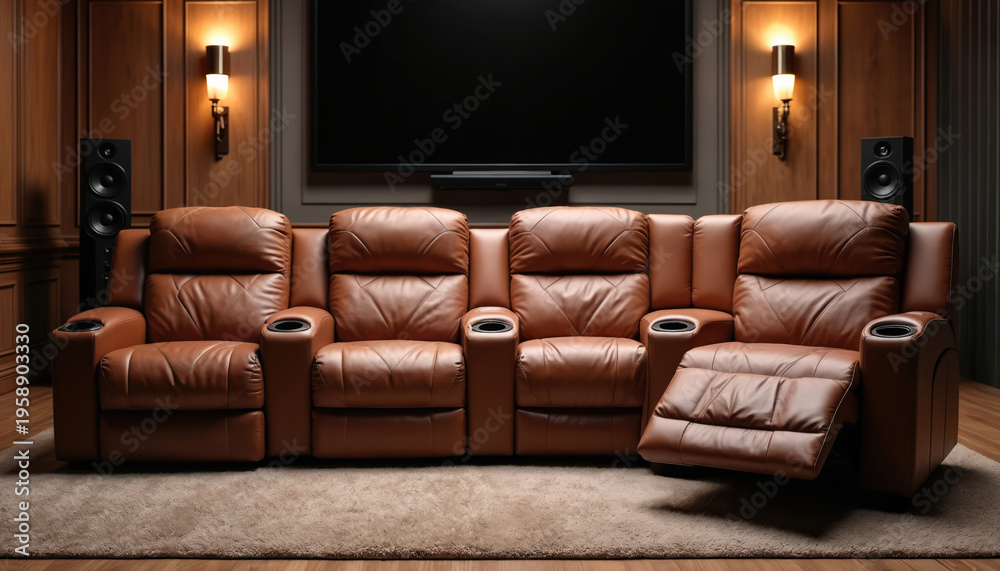 Fototapeta premium Brown leather sectional recliner seats with cup holders in a home theater. Enjoy movie night in comfort with this luxurious, padded seating arrangement for watching films.