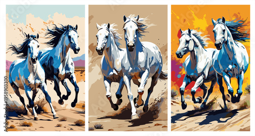 Running white horses triptych, dynamic wild stallion art, pop art style desert animals, majestic equine wall art illustration.