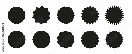 Black circle vintage sticker collection. Star burst shape tags for price, shops. Wavy edge promo black badges. Flat labels. Blank sale stickers set, simple silhouette.