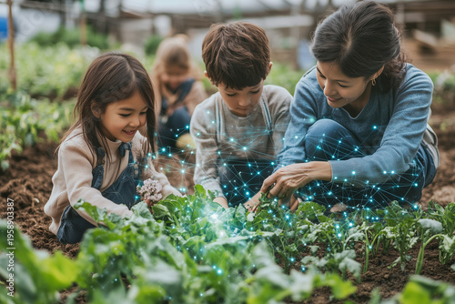 Family planting vegetables in community garden interface holographic agricultural technology smart gardening advice.