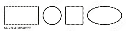 Scalloped frames collection. Rectangle and ellipse, circle and square shapes with scalloped edges. Label forms. Silhouette lace frame, backgrounds. Elements for tags, stickers of labels set.
