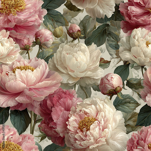 Romantic light peony bouquet with soft pink and white flowers surrounded by green leaves, creating delicate and elegant floral pattern full of natural beauty and charm