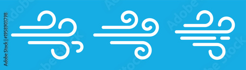 Wind icon set on blue background. Airflow and breeze symbols in outline style. Collection of wind movement and ventilation pictograms. Weather and cooling concept. 