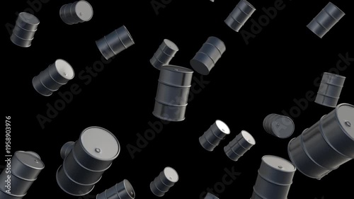 3D Animated Concept of an Oil Market Crash: Chaotic Falling Matte Black Petroleum Barrels Against a Pitch-Black Void, Symbolizing Economic Collapse and Plummeting Prices.