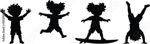 Set of black children silhouettes jumping, running, surfing, and doing handstands isolated on white background for youth sports