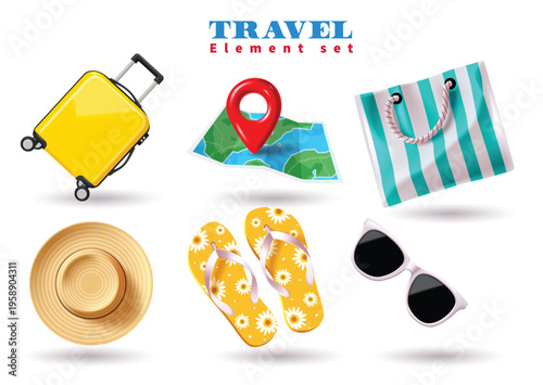 Set of 3D Travel and Summer Vacation Elements with Suitcase, Map, Beach Bag, Hat, and Sunglasses