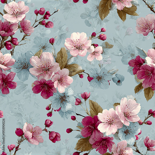 Romantic pastel spring blossoms in powder blue and pink tones with brown leaves create delicate floral pattern full of gentle beauty and soft elegance