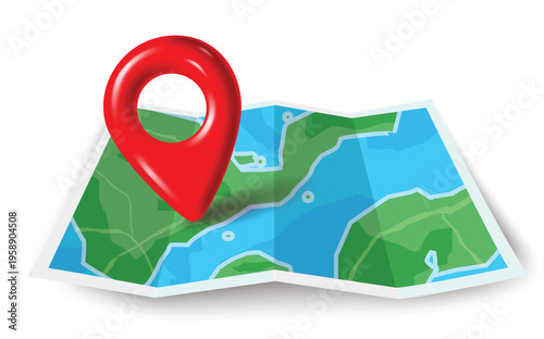 Red 3D Map Pointer Pin on Folded Paper Navigation Map Isolated on White Background Vector Illustration