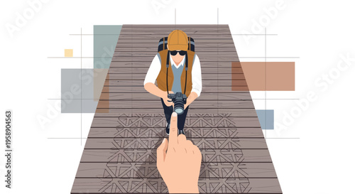 Capturing The Journey A Tourist With Camera And Backpack On A Wooden Path