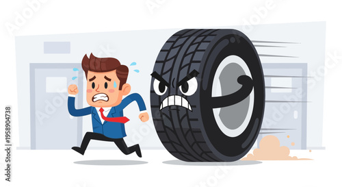 Cartoon Businessman Fleeing From Aggressive Tire With Angry Face