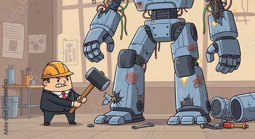 Cartoon Businessman Attacking Damaged Robot With Sledgehammer