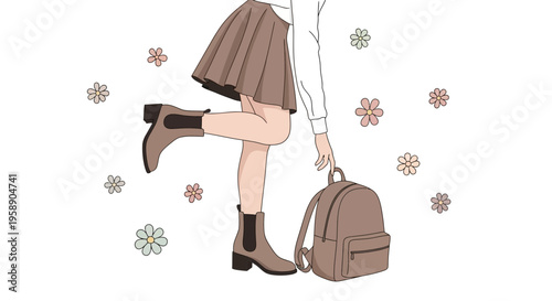 Charming Schoolgirl with Backpack and Floral Accents