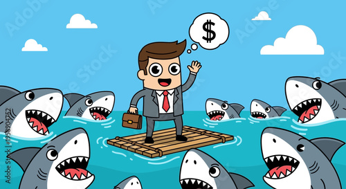 Cartoon Businessman Navigates Perilous Waters Surrounded By Sharks Seeking Fortune