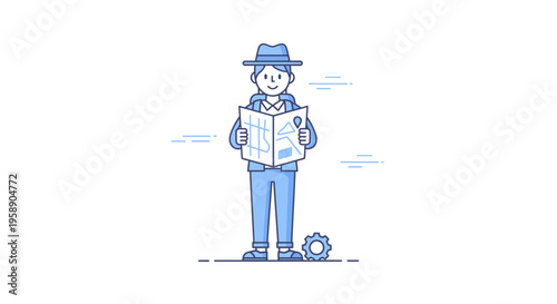 Cartoon Explorer Navigating With A Detailed Map And Compass Illustration