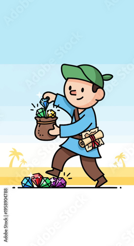 Cartoon Treasure Hunter Gathering Shiny Gemstones With Joyful Expression
