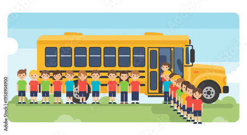 Cheerful Children Gather Around Iconic Yellow School Bus Ready For Adventure