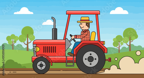 Cheerful Farmer Driving A Red Tractor Through Green Countryside Fields