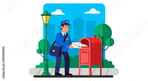 Cheerful Mail Carrier Delivering Letters to a Red Mailbox Outdoors