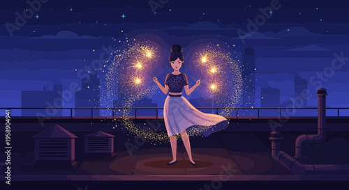 Celebration Sparklers On Rooftop Cityscape At Night