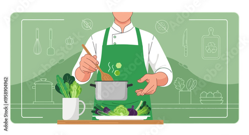 Chef Prepares Fresh Vegetables In A Green Kitchen