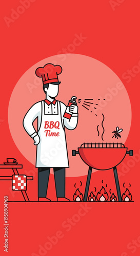 Chef Prepares for Barbecue Feast With Outdoor Grill and Spray Bottle