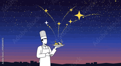 Chef Presents Culinary Masterpiece Under Starry Night Sky With Celestial Sparkle