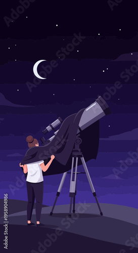 Celestial Observation Through Telescope Under Crescent Moon Sky