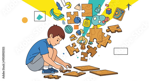 Child Assembling Puzzle Pieces With Educational Toys And Imagination
