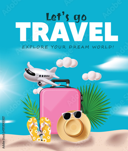 Vertical Travel Poster with Pink Suitcase Airplane and Beach Accessories Vector