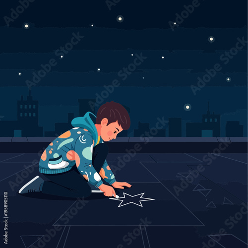 Child Drawing Star On Rooftop Under Night Sky