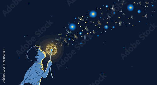 Child Blowing Dandelion Seeds At Night With Glowing Lights