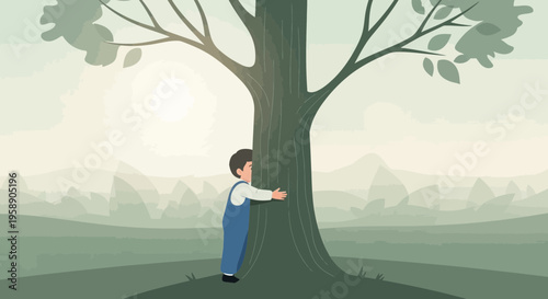 Child Embraces Majestic Tree Symbolizing Environmental Connection And Growth