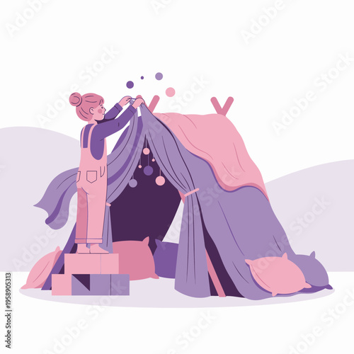 Child Building Cozy Indoor Tent Fort with Pillows and Soft Lighting Playtime Fun